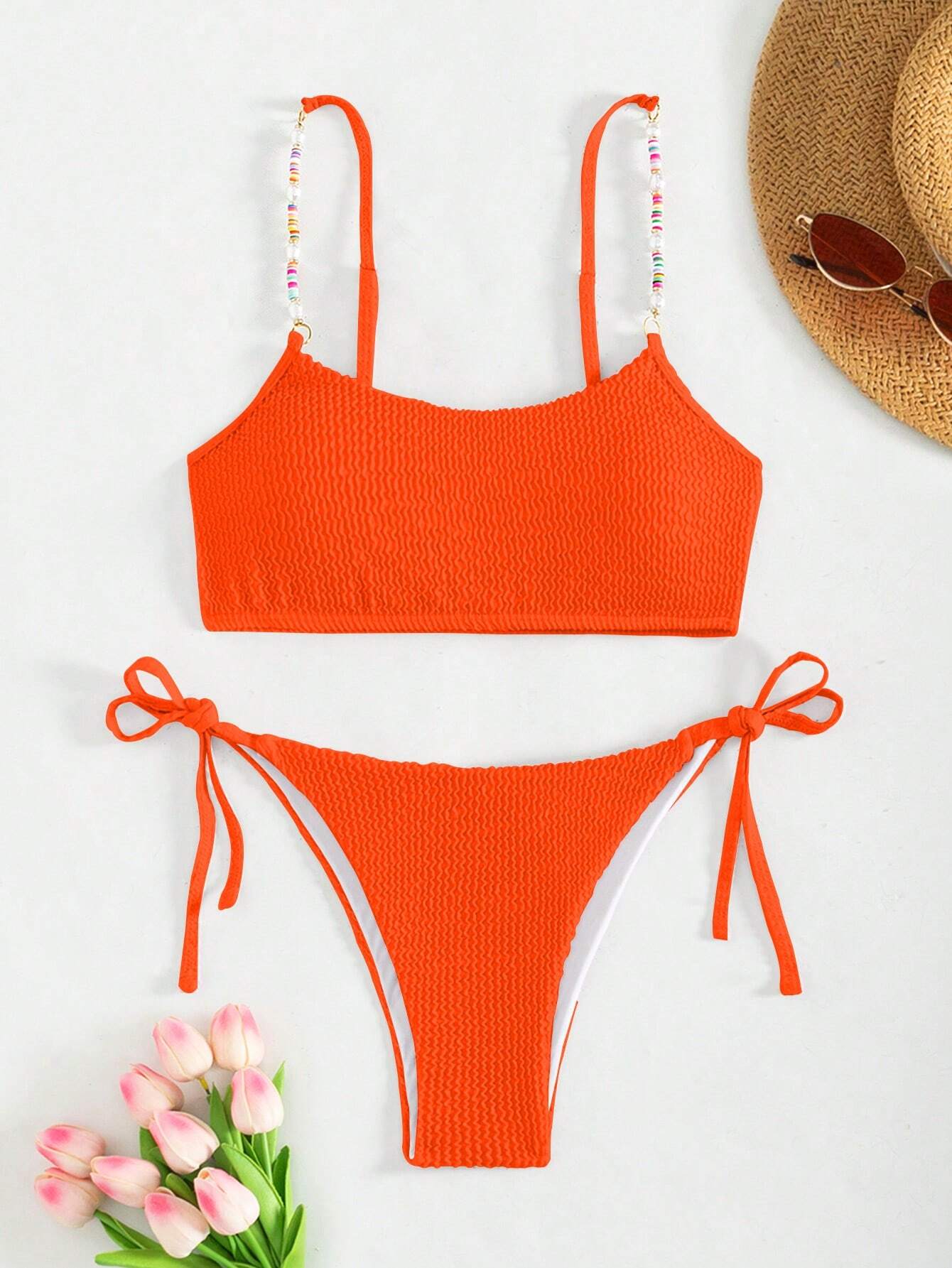 SHEIN Swim Mod Women's Solid Color Pleated Fabric Colorblock Spaghetti Strap Bikini Set, Suitable For Summer Vacation Beach - Image 4