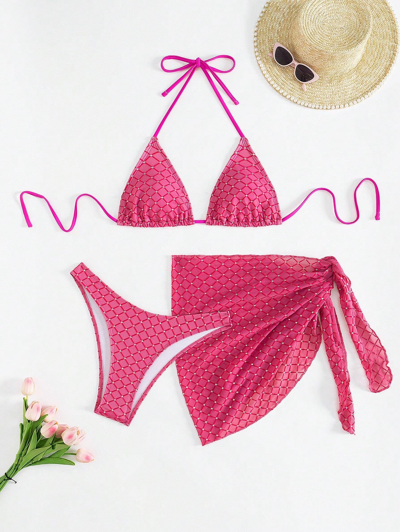 SHEIN Swim SXY Summer Beach Rhinestone Decor Halter Triangle Cup Bikini Separates Set, With Cover-Up Skirt - Image 3