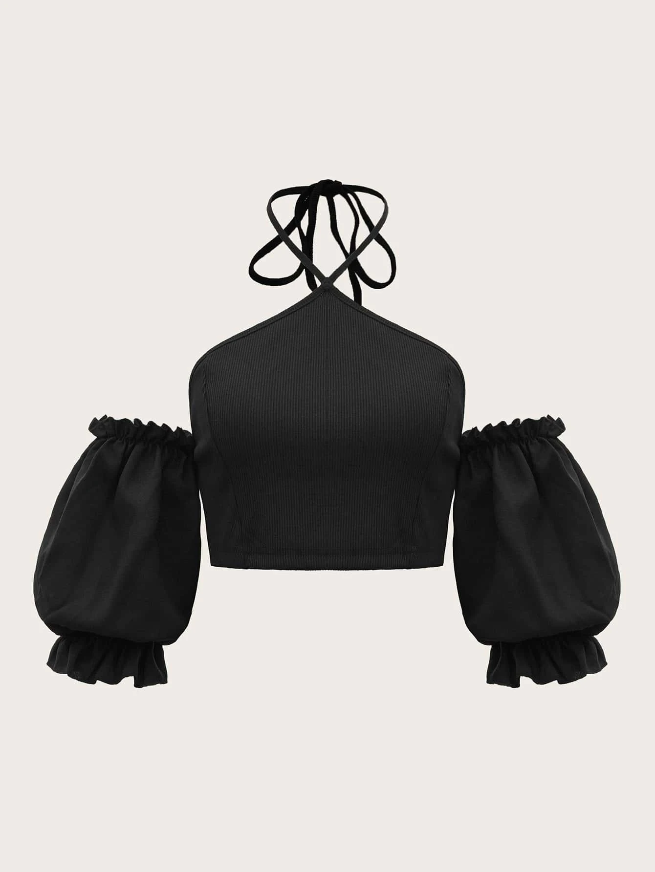 SHEIN WYWH Solid Halter Neck Puff Sleeve Top