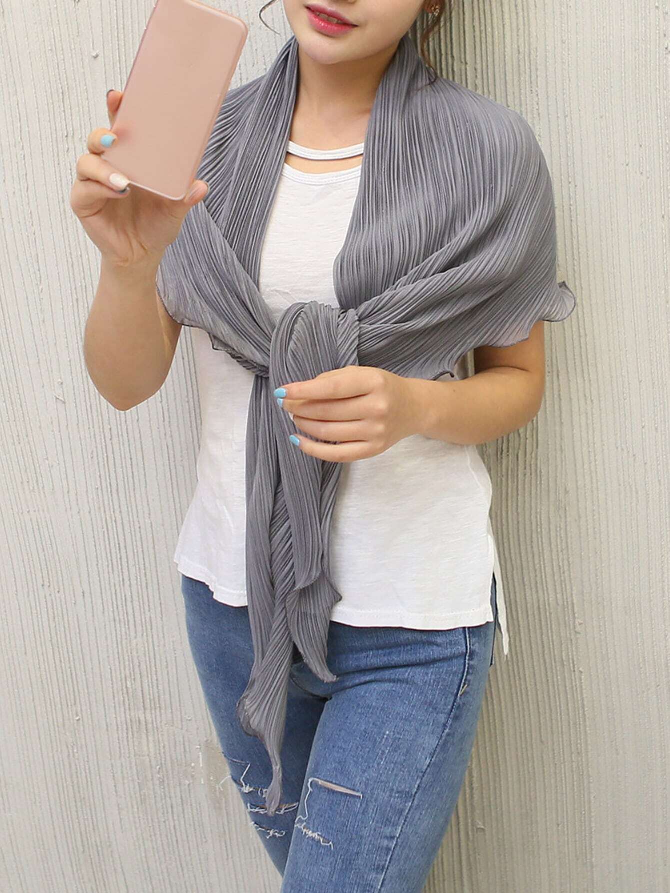 SHEIN 1pc Plain Chiffon Sun Protection Wrinkled Shawl Women Bolero - Image 4