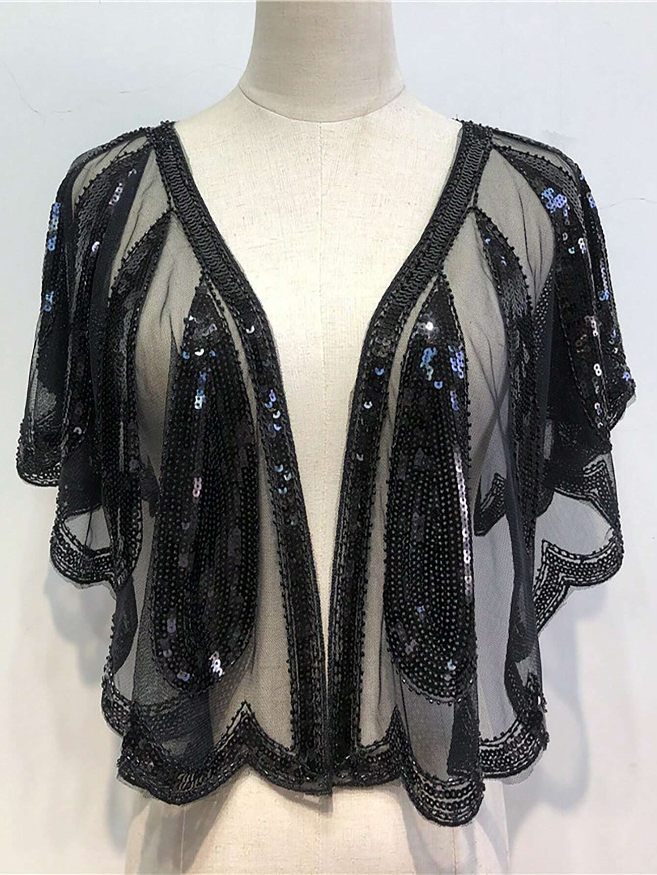 SHEIN 1pc Women's Formal Shiny Poncho With Sequins Embellished, Water Drop Shape, Beaded Tassel Fringe Detail