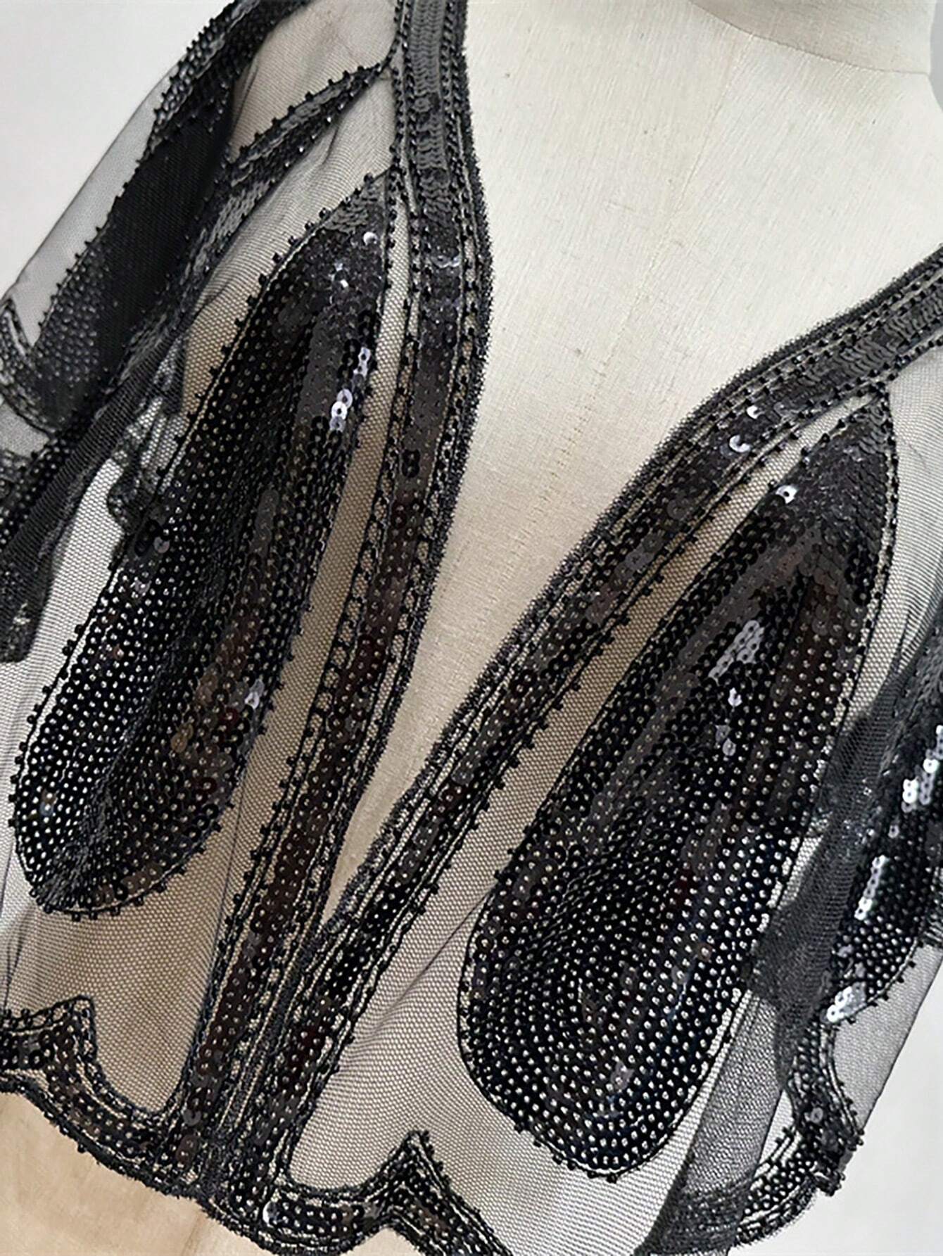 SHEIN 1pc Women's Formal Shiny Poncho With Sequins Embellished, Water Drop Shape, Beaded Tassel Fringe Detail