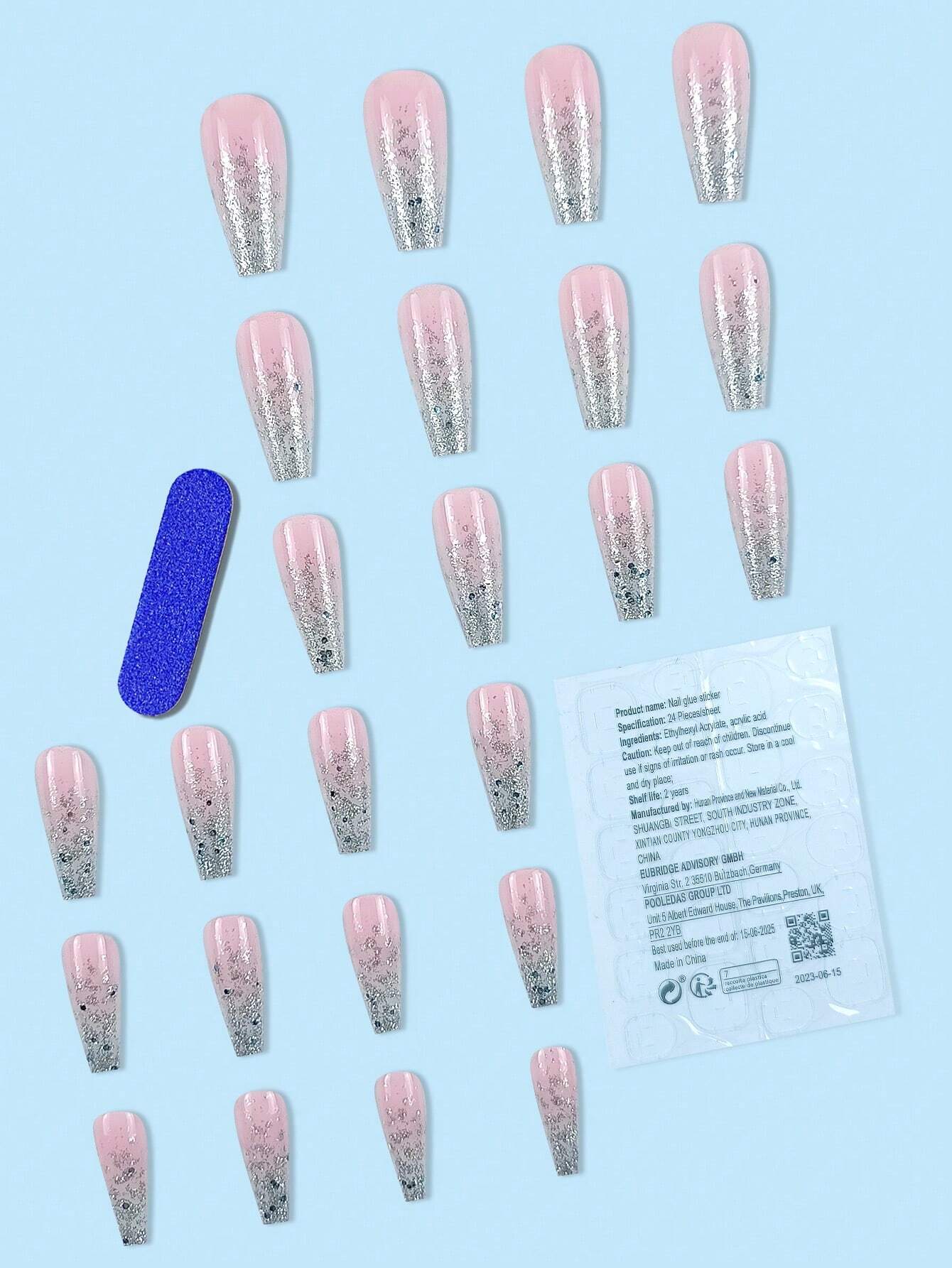 SHEIN 24pcs Coffin Shaped Long False Nails With Glitter Sequin, Full Cover, Pink, Great For Parties, Dancing, Daily Wear Press On Nails Nail Supplies