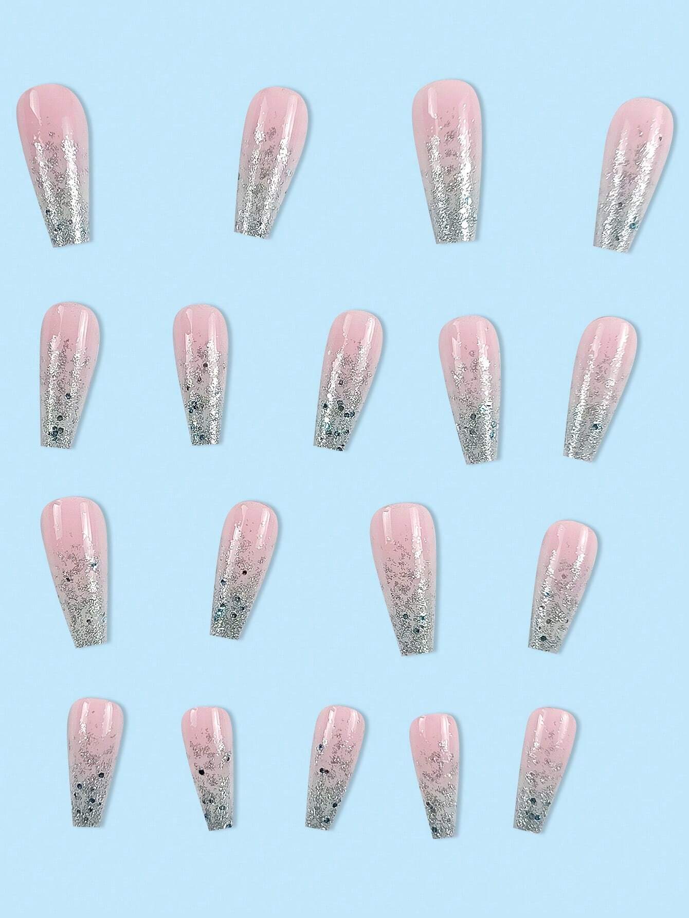 SHEIN 24pcs Coffin Shaped Long False Nails With Glitter Sequin, Full Cover, Pink, Great For Parties, Dancing, Daily Wear Press On Nails Nail Supplies
