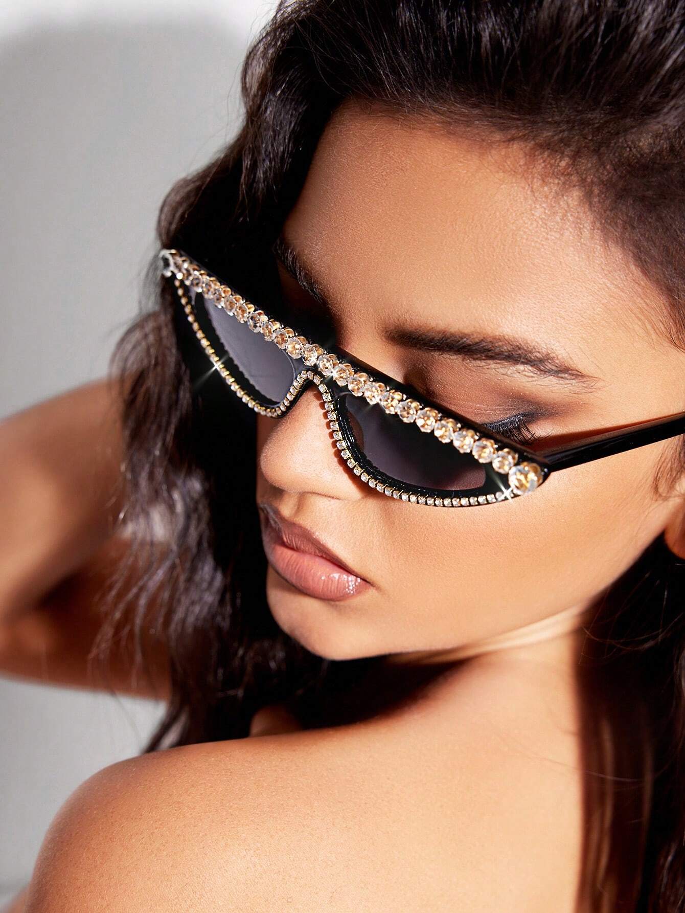 SHEIN BAE 1pc Women's Cute Full Frame Rhinestone Decorated Y2k Cat Eye Sunglasses, Perfect For Party, Nightclub, Concert/Festival - Image 4