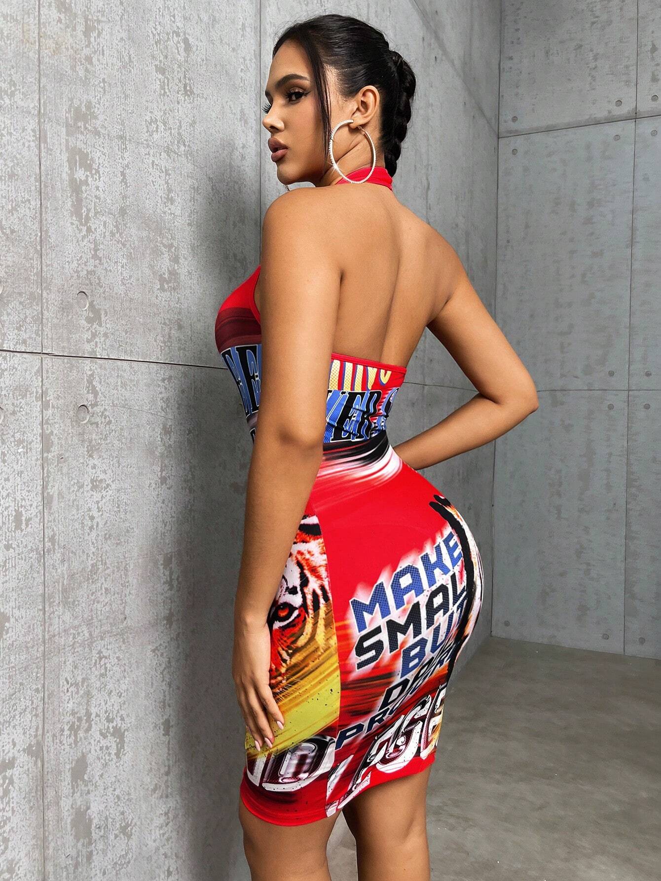 SHEIN SXY Tiger & Letter Graphic Halter Neck Backless Bodycon Dress - Image 2