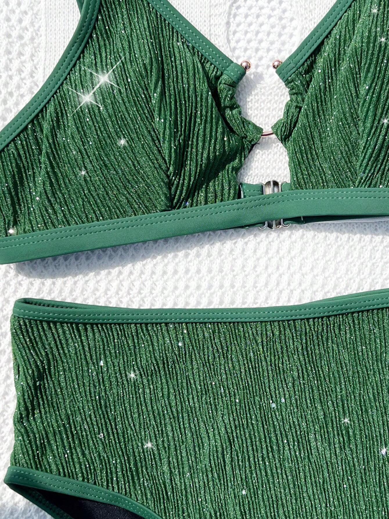 SHEIN Swim Vcay Solid Color Metallic Surface Round Ring Hollow Out Bikini Two-Piece Swimwear, Summer Beach