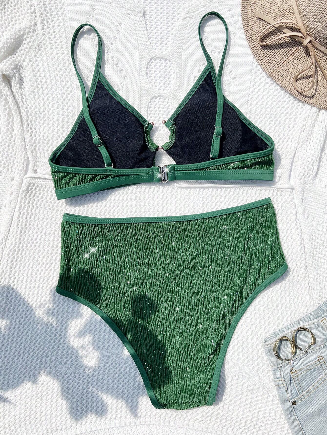 SHEIN Swim Vcay Solid Color Metallic Surface Round Ring Hollow Out Bikini Two-Piece Swimwear, Summer Beach