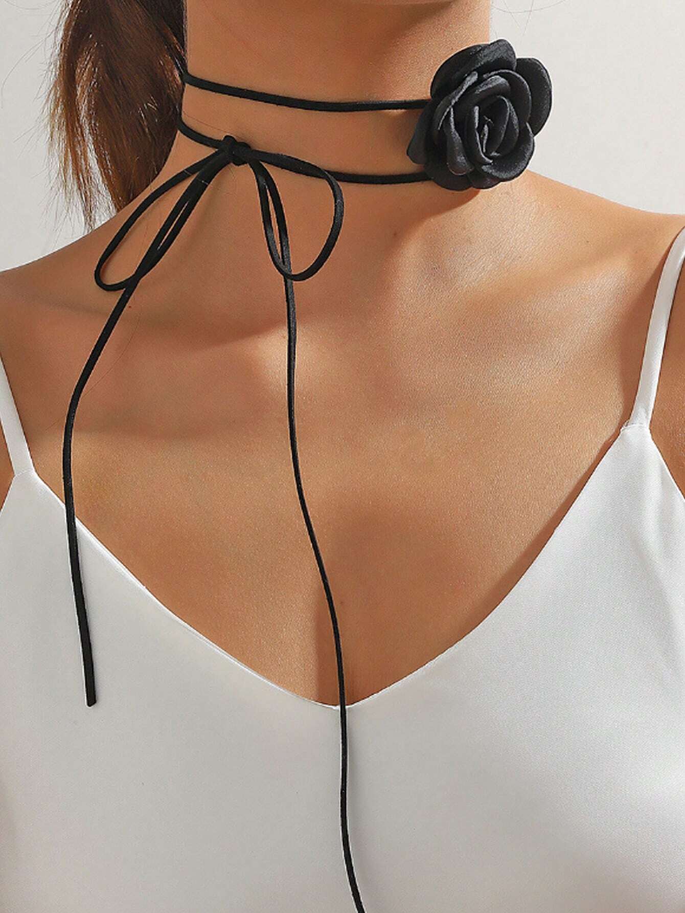 1pc 3D Rose Flower Tied Ribbon Collarbone Chain Choker Necklace