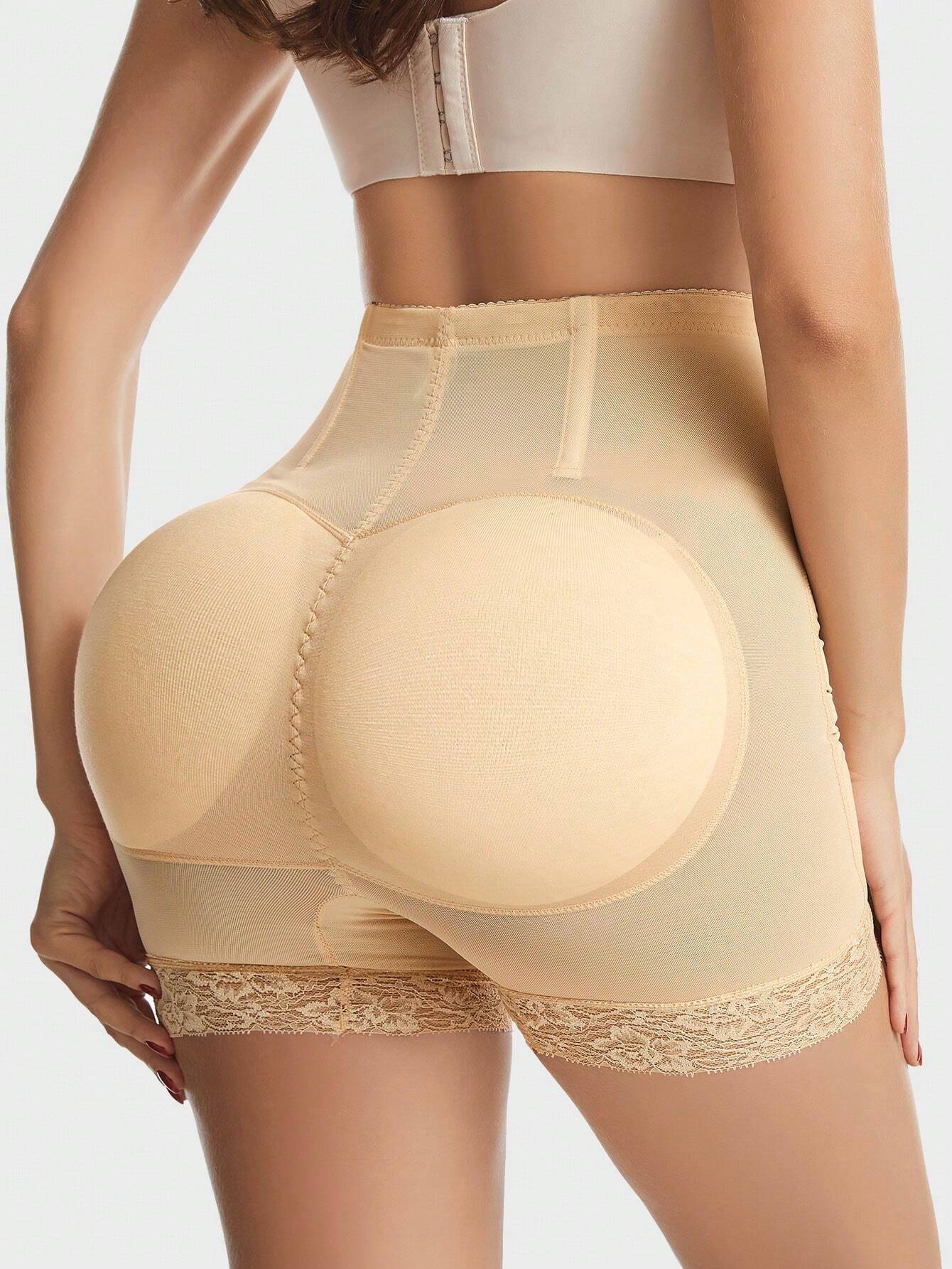 SHEIN 1pc Women's Shaper Shorts With Fake Buttocks, Lace Trim, High Waist, Removable Sponge Pad, Butt Lifter, Body Shaper, Slimming Underwear