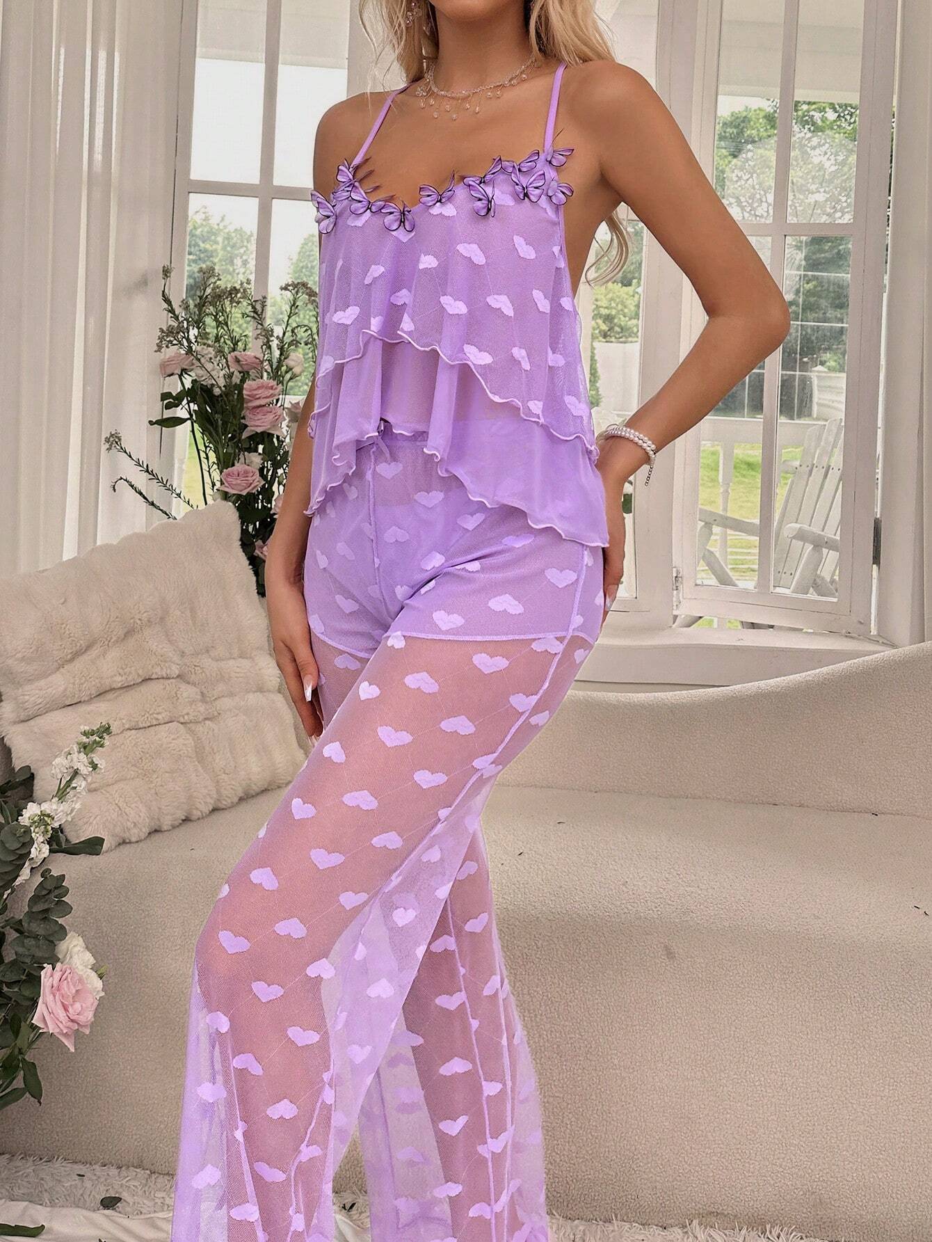 SHEIN Butterfly Shaped 3D Mesh Sexy Lingerie Set With Deep V-Neckline