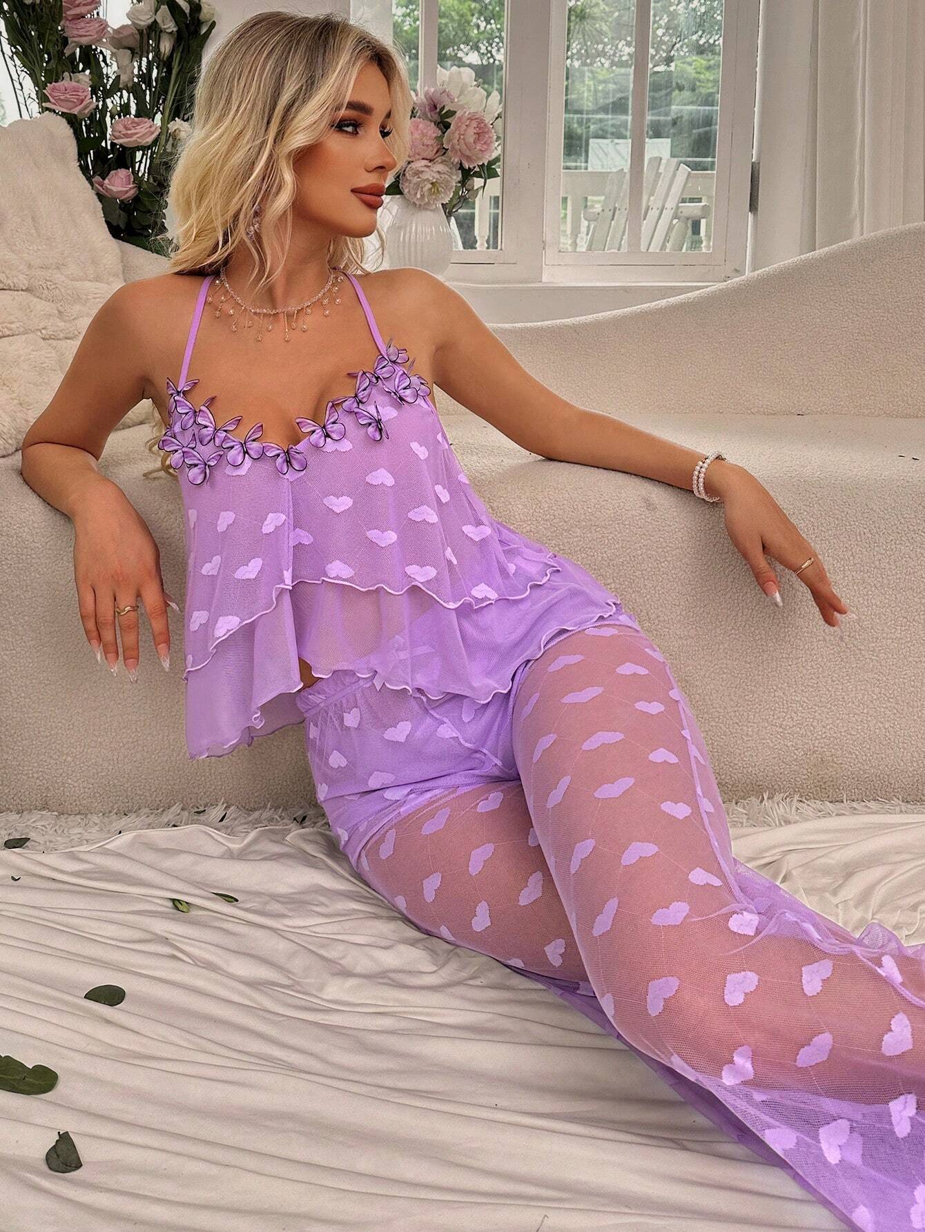 SHEIN Butterfly Shaped 3D Mesh Sexy Lingerie Set With Deep V-Neckline