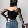 Dazy Designer Women Spring/Summer Casual Solid Color Mesh Splicing Short Top With Asymmetric Neckline And Slim Fit