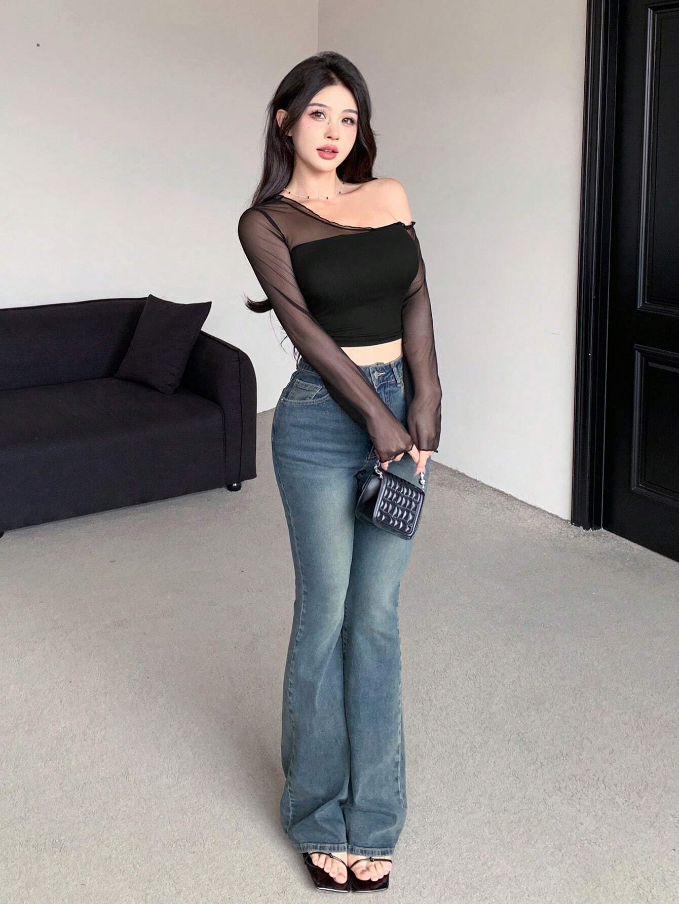 Dazy Designer Women Spring/Summer Casual Solid Color Mesh Splicing Short Top With Asymmetric Neckline And Slim Fit