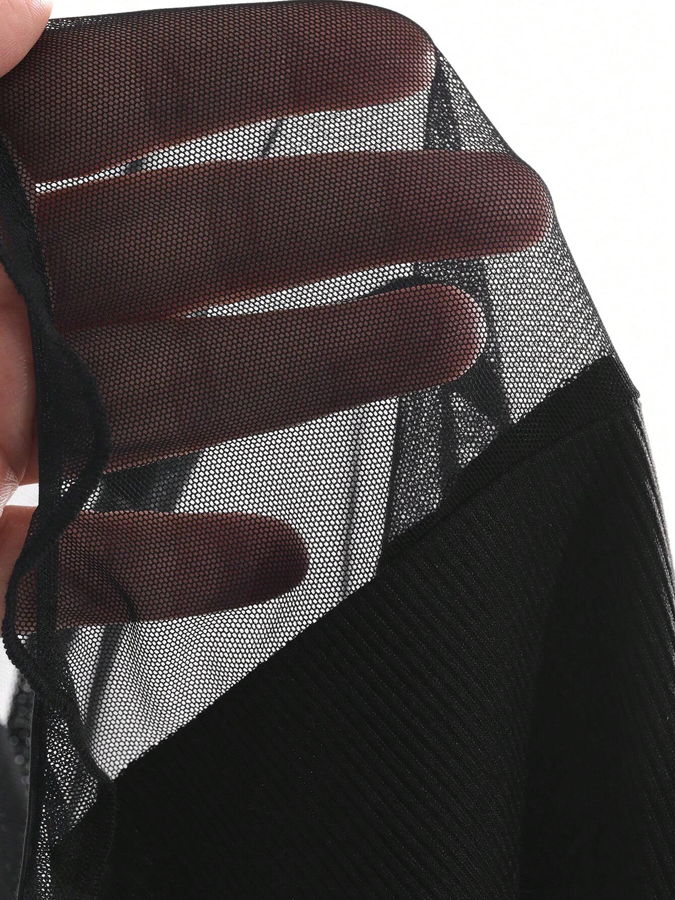 Dazy Designer Women Spring/Summer Casual Solid Color Mesh Splicing Short Top With Asymmetric Neckline And Slim Fit