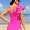 SHEIN Ladies' Hot Pink One-Piece Ruffle Edge Lock Edge Swimsuit