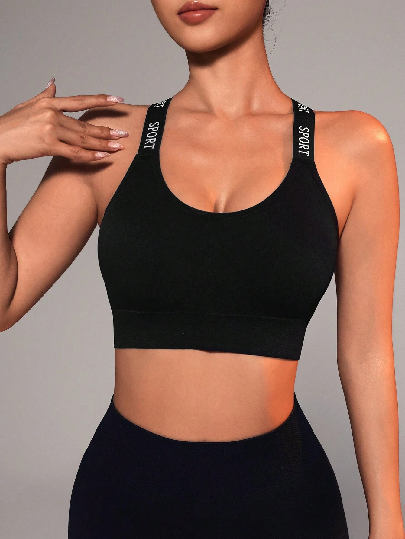 Letter Tape Panel Crisscross Back Sports Bra
