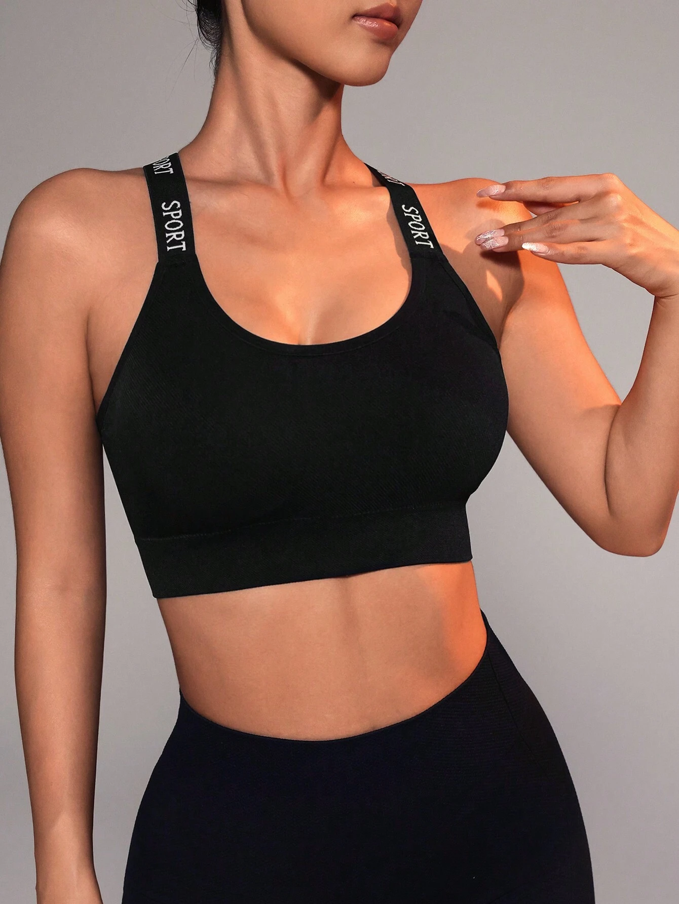 Letter Tape Panel Crisscross Back Sports Bra