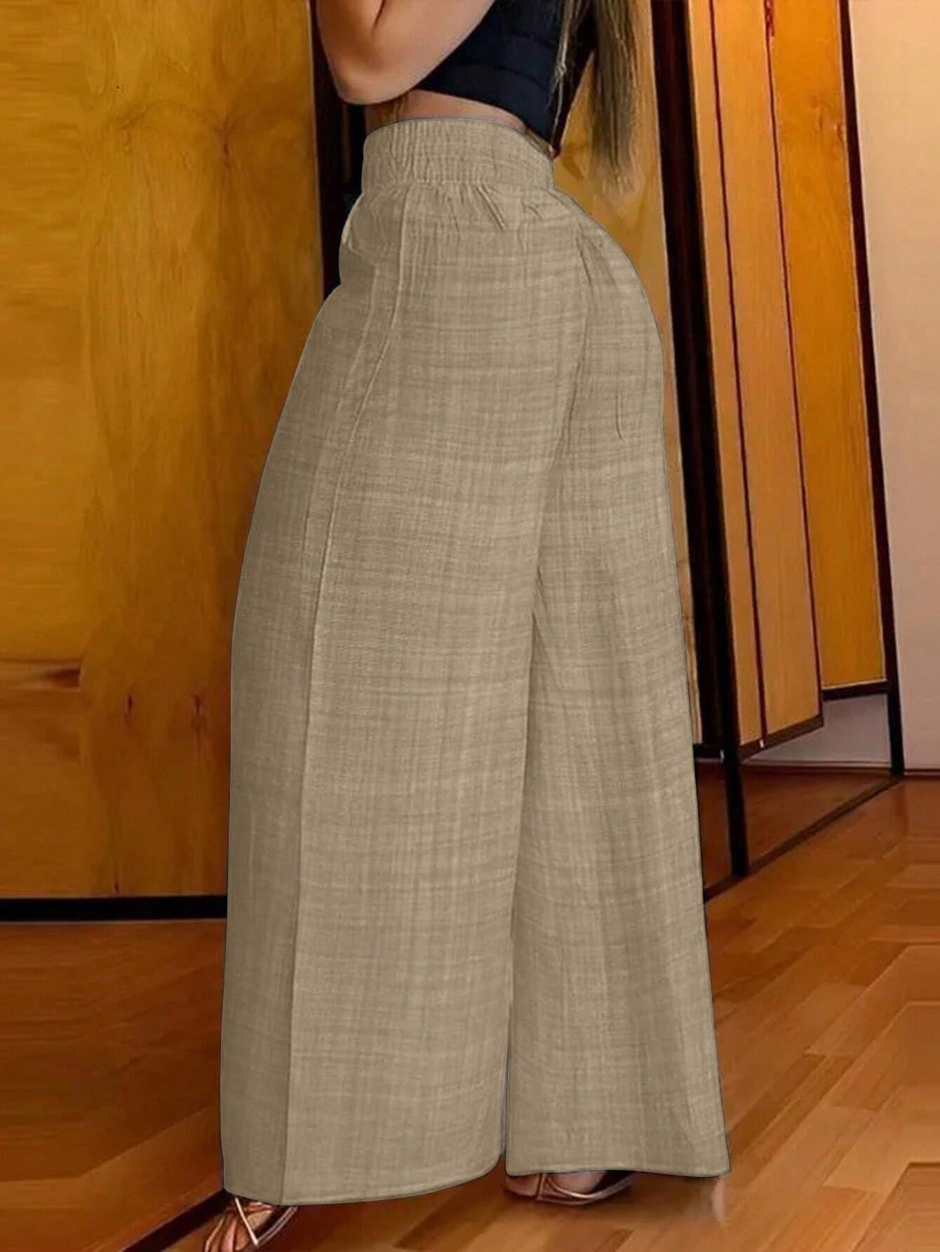 SHEIN Clasi Women's Casual Metal Chain Decor Wide Leg Linen Pants, Autumn