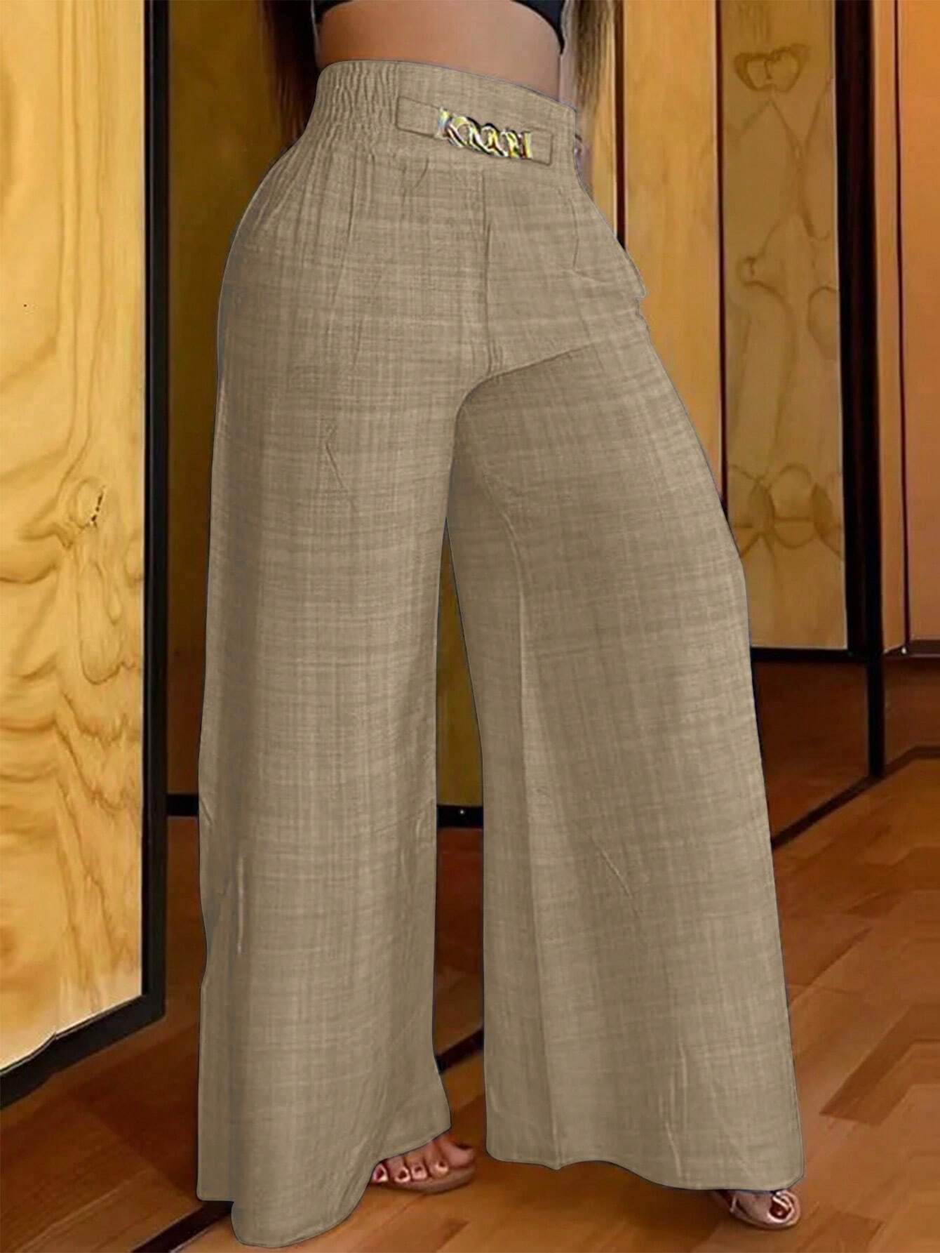 SHEIN Clasi Women's Casual Metal Chain Decor Wide Leg Linen Pants, Autumn
