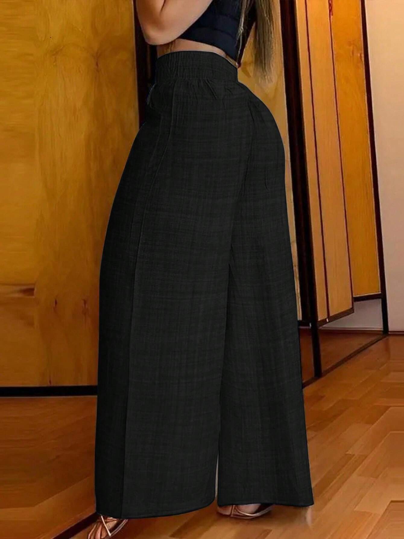 SHEIN Clasi Women's Casual Metal Chain Decorated Wide-Leg Linen Pants