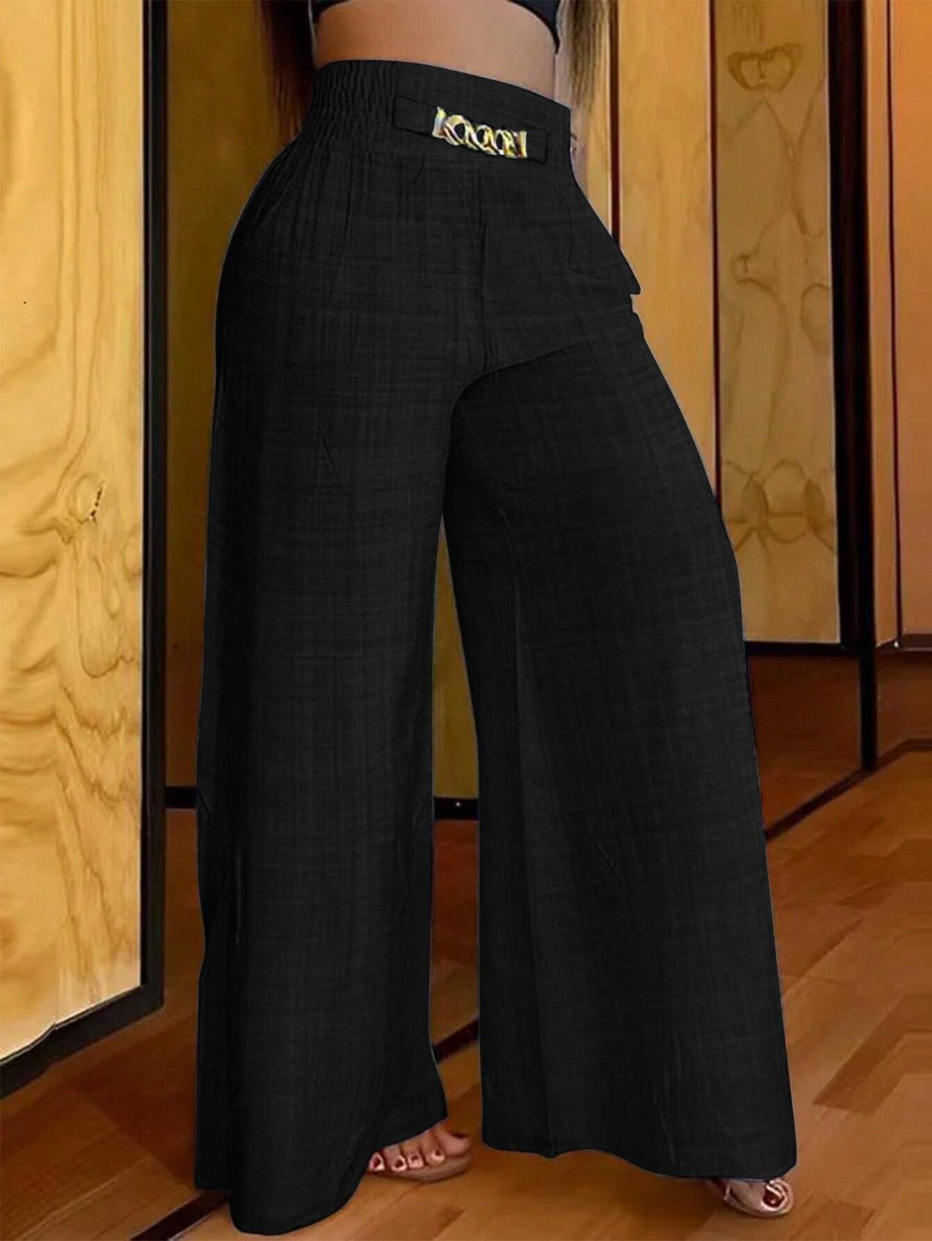SHEIN Clasi Women's Casual Metal Chain Decorated Wide-Leg Linen Pants