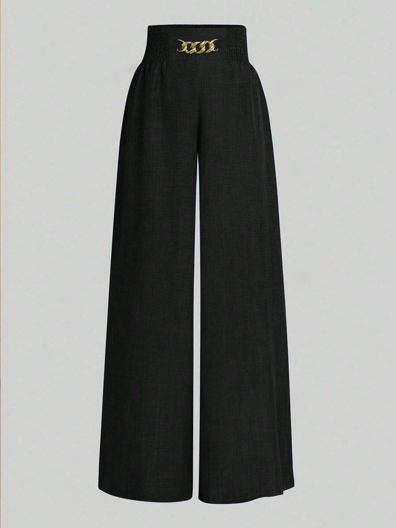 SHEIN Clasi Women's Casual Metal Chain Decorated Wide-Leg Linen Pants