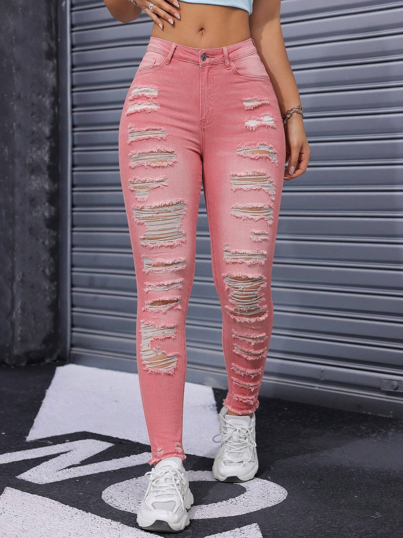 SHEIN Essnce Women Ripped Distressed Frayed Hem Washed Skinny Fashion Jeans - Image 2