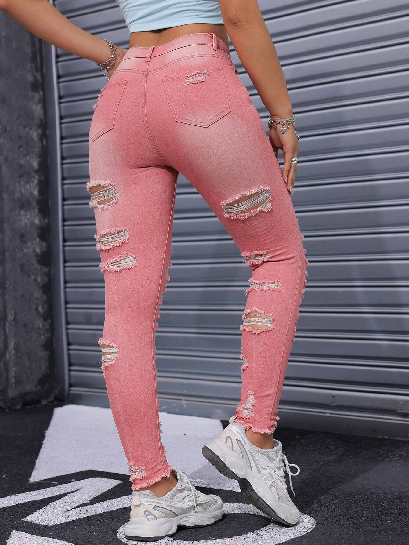 SHEIN Essnce Women Ripped Distressed Frayed Hem Washed Skinny Fashion Jeans - Image 3