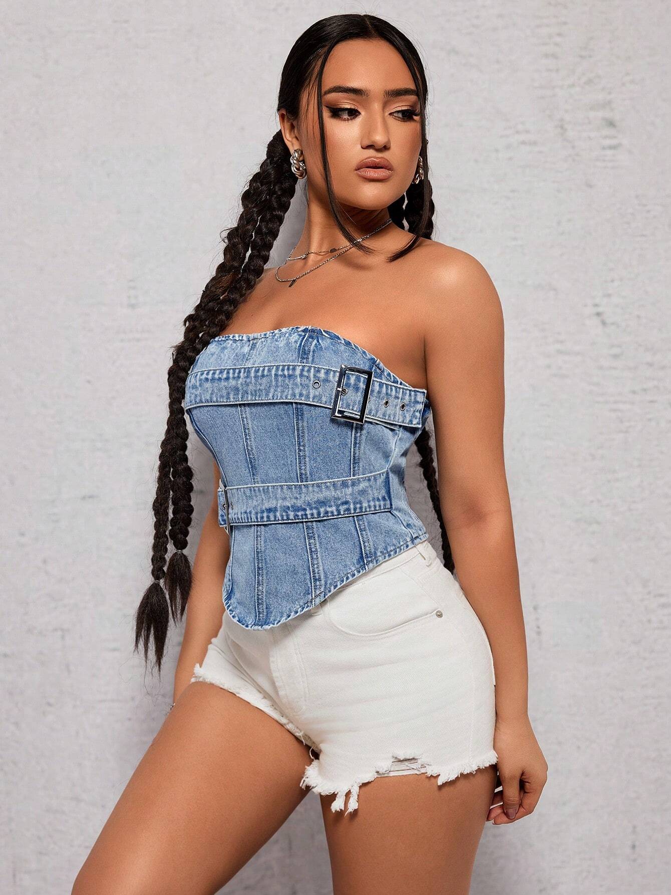 SHEIN ICON Japanese Style Buckle Washed Denim Tube Top