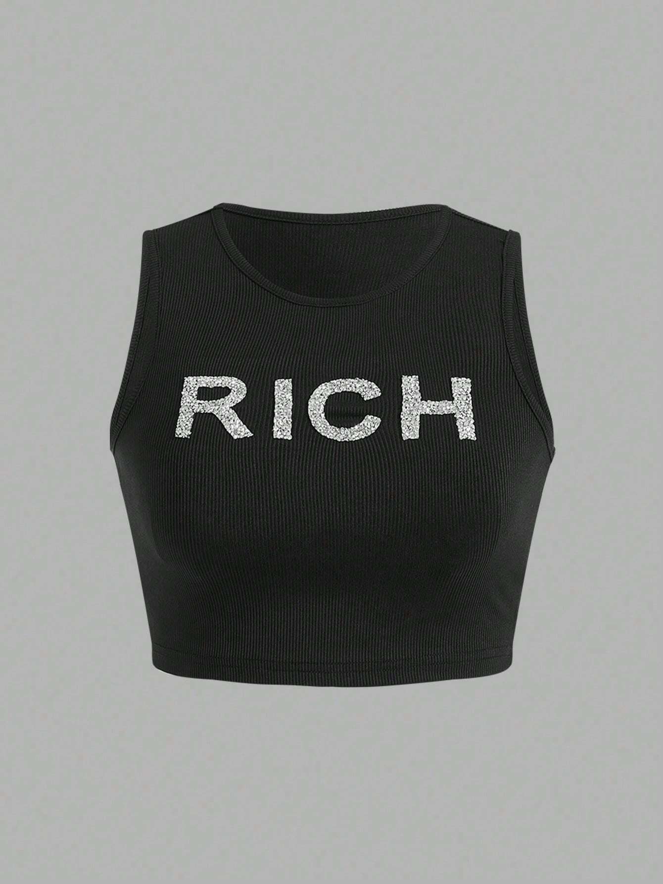 SHEIN SXY Women's Rhinestone Embellished Letter Pattern Casual Tank Top For Summer