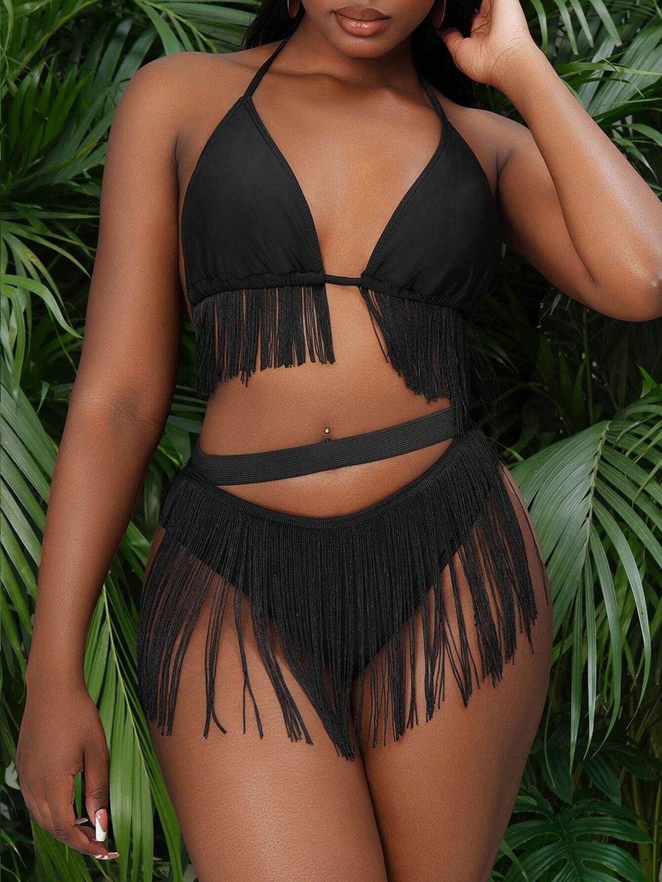 Solid Color Spaghetti Strap Fringe Halter Bikini Set