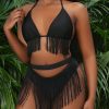 Solid Color Spaghetti Strap Fringe Halter Bikini Set