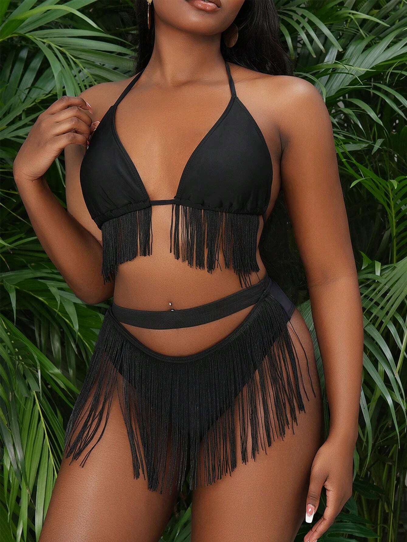Solid Color Spaghetti Strap Fringe Halter Bikini Set