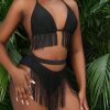 Solid Color Spaghetti Strap Fringe Halter Bikini Set