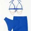 SHEIN Swim SXY Women's Solid Color Halter Strap Sexy Bikini Set, Including Swimwear, Cover-Up And Skirt For Vacations,Summer Beach