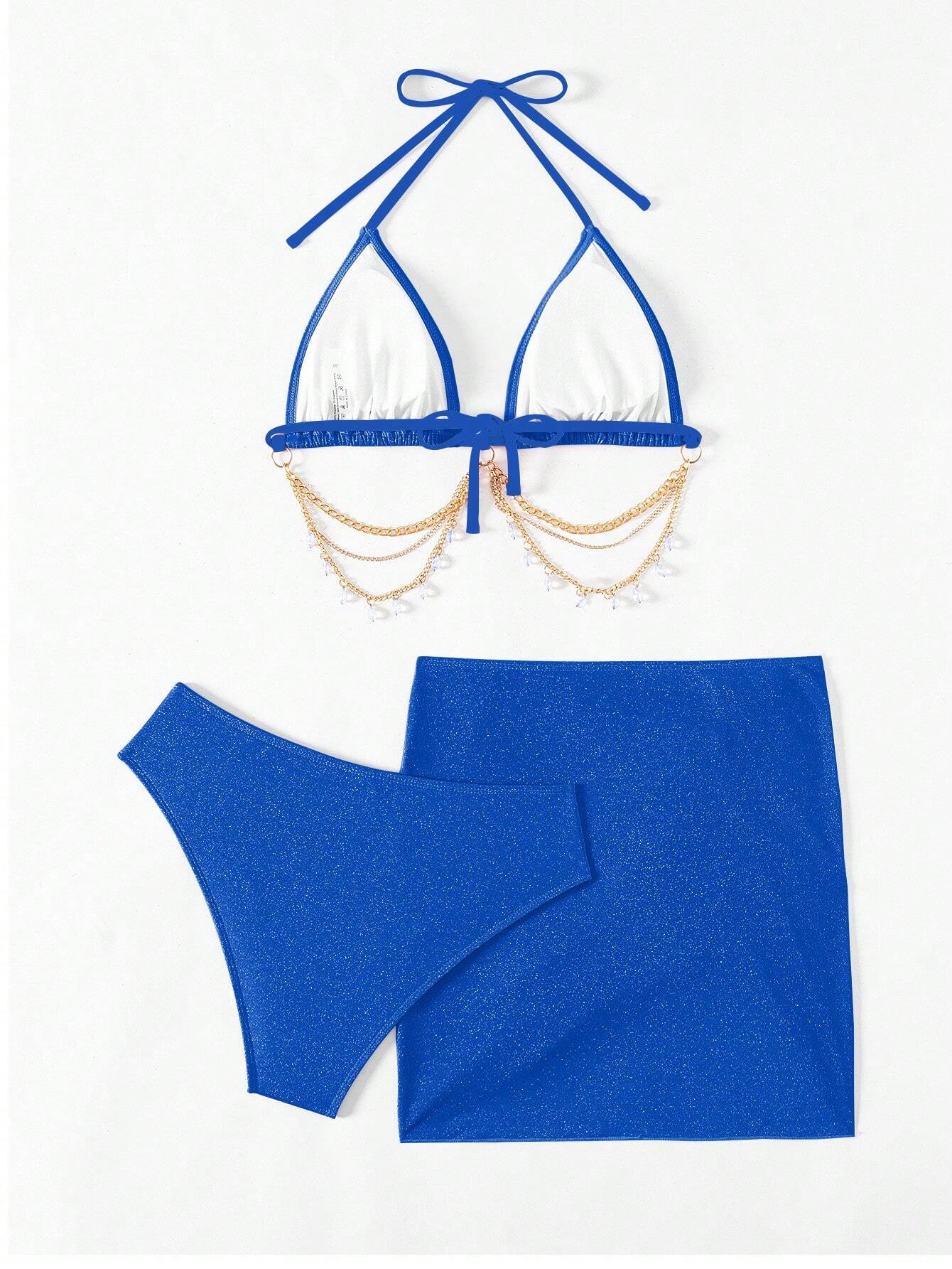 SHEIN Swim SXY Women's Solid Color Halter Strap Sexy Bikini Set, Including Swimwear, Cover-Up And Skirt For Vacations,Summer Beach