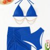 SHEIN Swim SXY Women's Solid Color Halter Strap Sexy Bikini Set, Including Swimwear, Cover-Up And Skirt For Vacations,Summer Beach