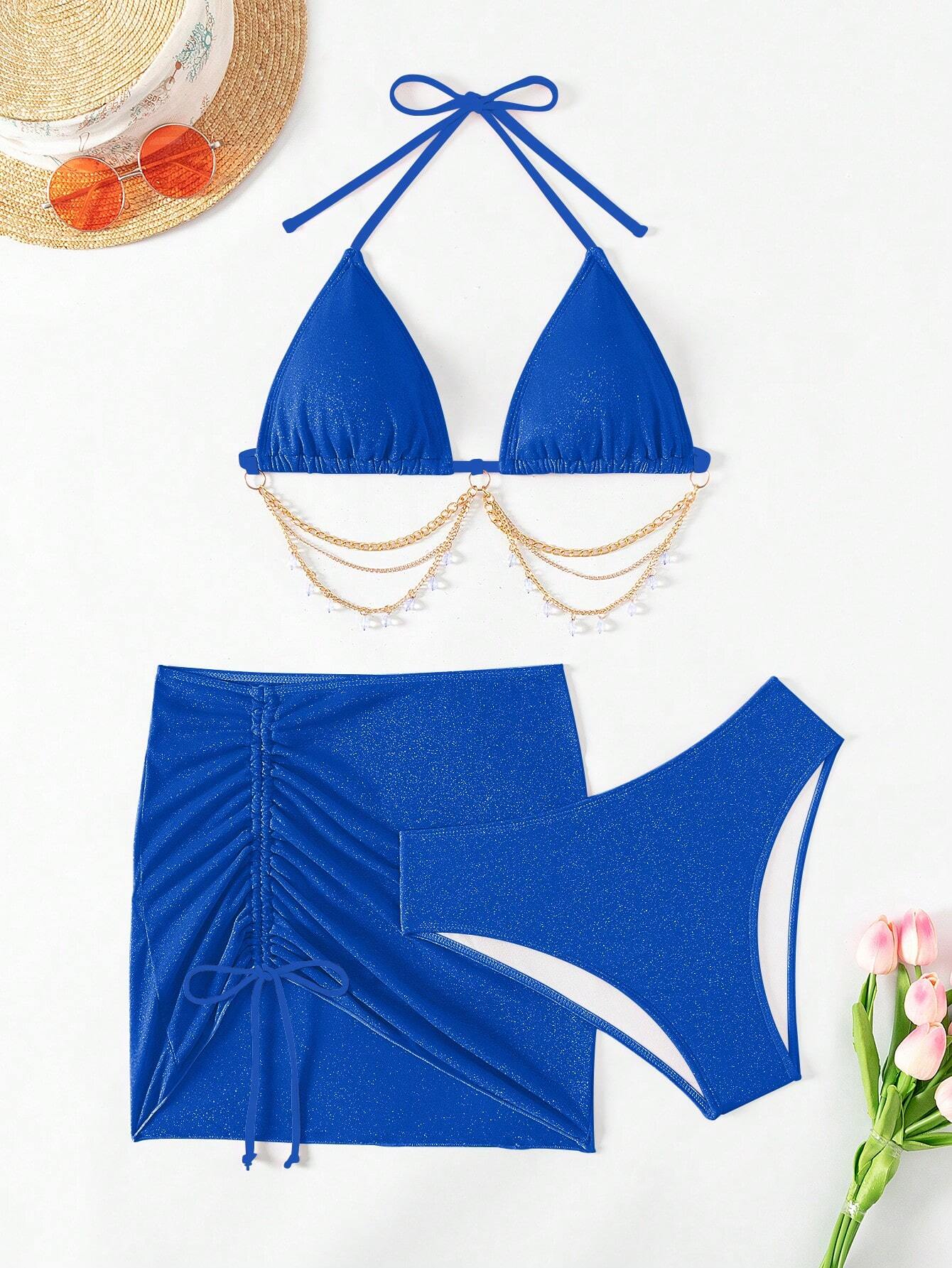 SHEIN Swim SXY Women's Solid Color Halter Strap Sexy Bikini Set, Including Swimwear, Cover-Up And Skirt For Vacations,Summer Beach