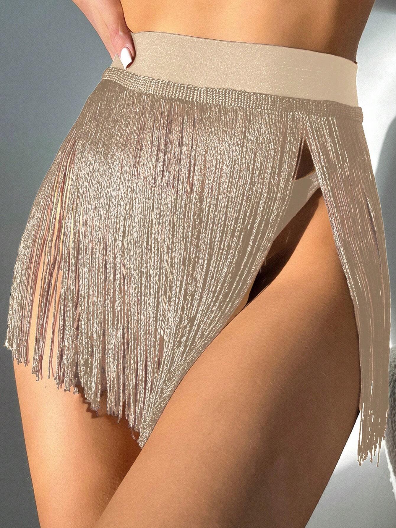 SHEIN Swim Summer Beach Women's Beach Vacation Patchwork Fringe Kimono Cover Up Skirt