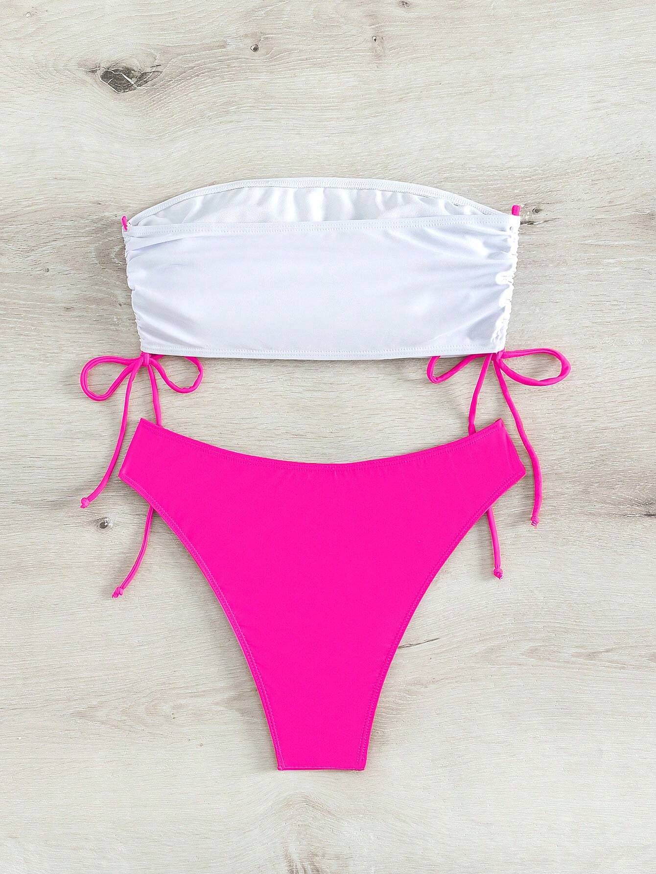 SHEIN Swim Vcay Summer Beach Letter Print Side Drawstring Bandeau Bikini Top And Solid Triangle Bottom Bikini Swimwear Set With Regular Fit Print - Image 2