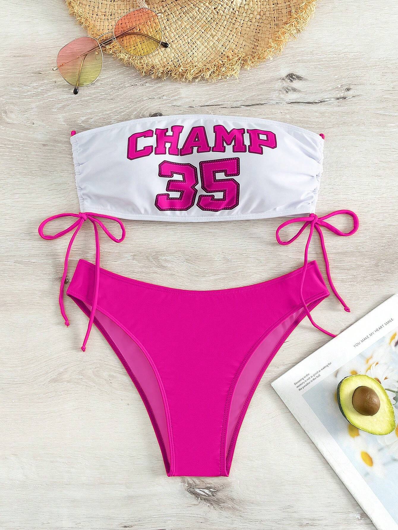 SHEIN Swim Vcay Summer Beach Letter Print Side Drawstring Bandeau Bikini Top And Solid Triangle Bottom Bikini Swimwear Set With Regular Fit Print