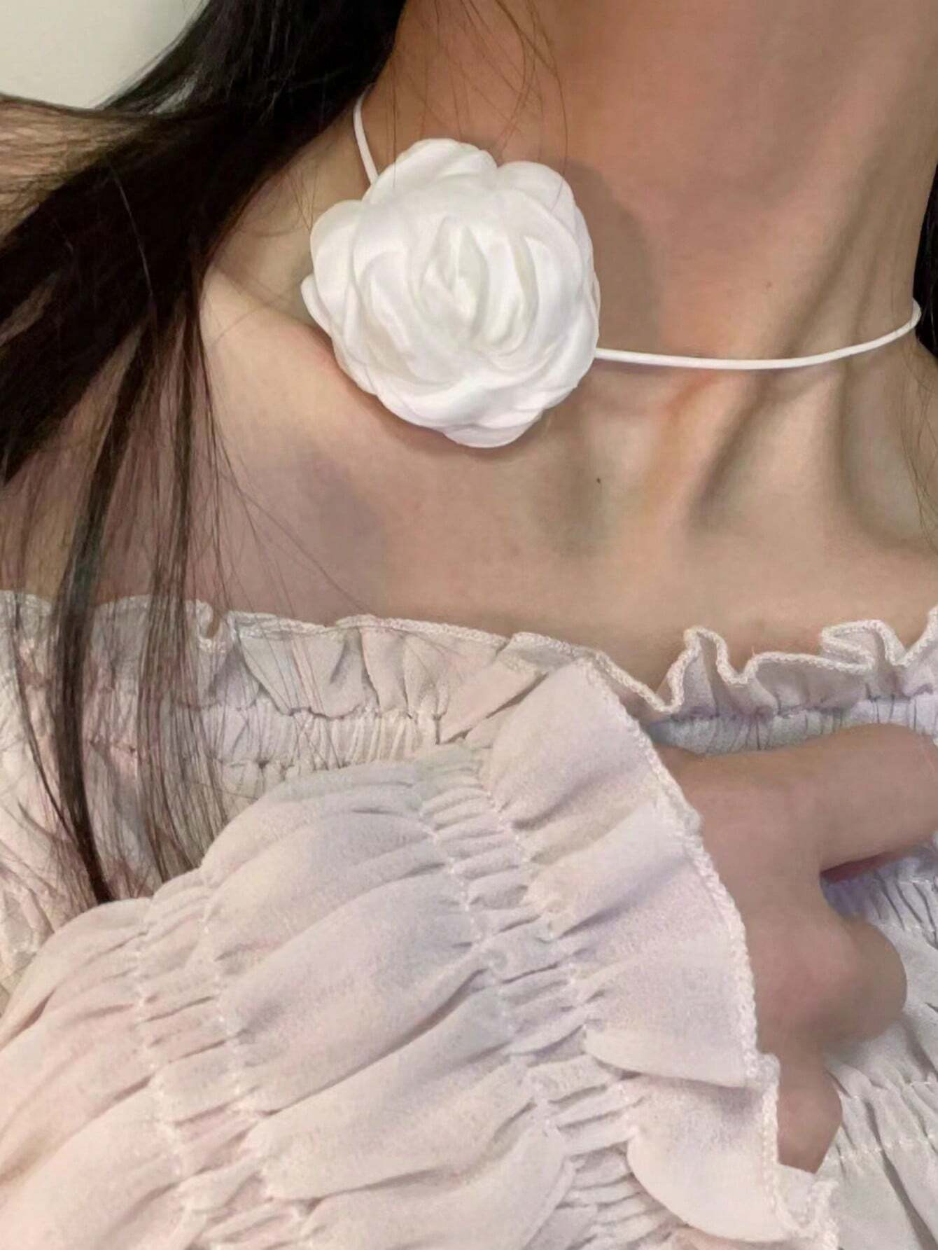 White Flower Necklace Rose Choker Collarbone Chain