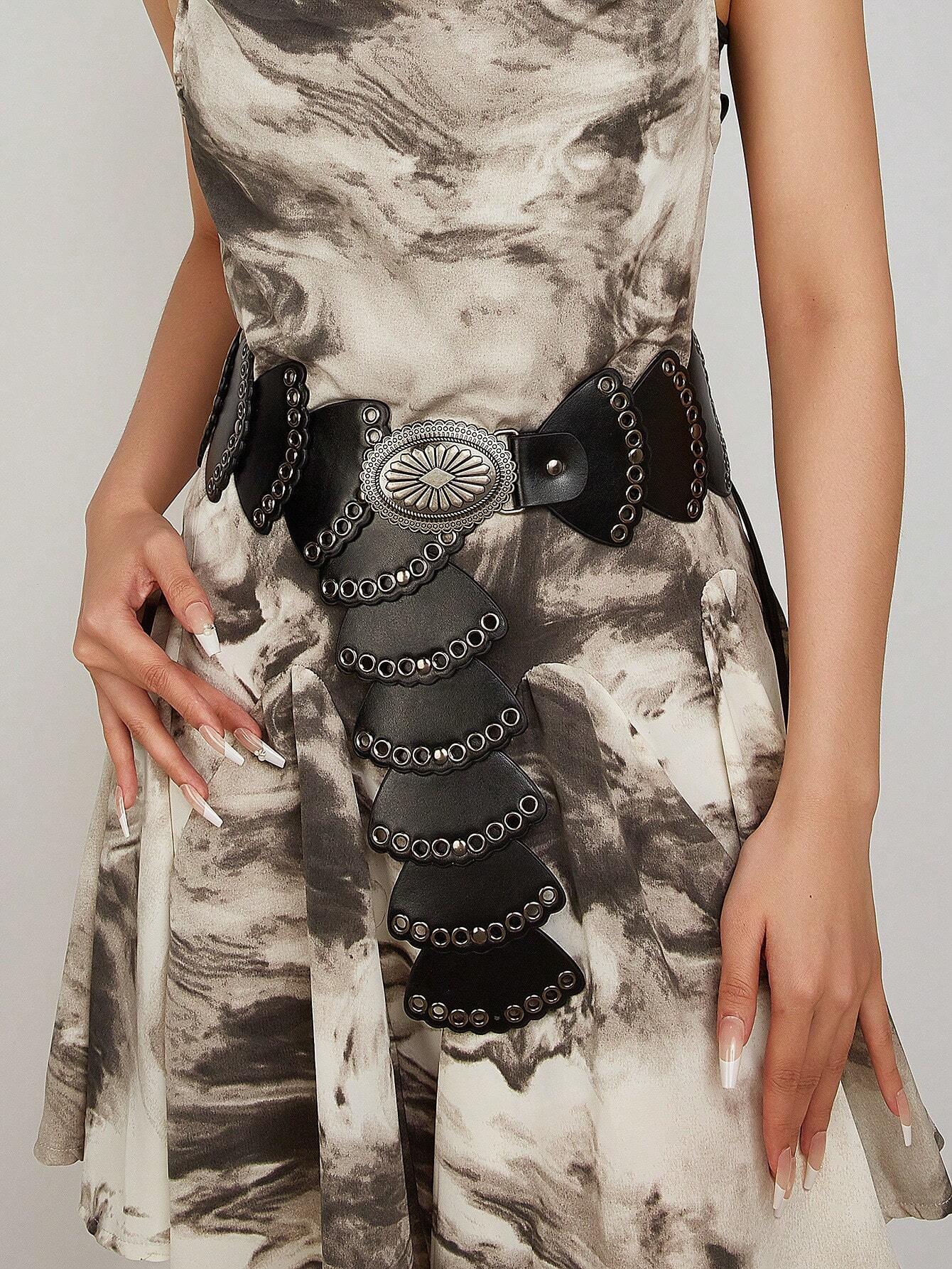 SHEIN 1pc Women's Belt, Hollow Round Rings With PU Leather Patchwork Design