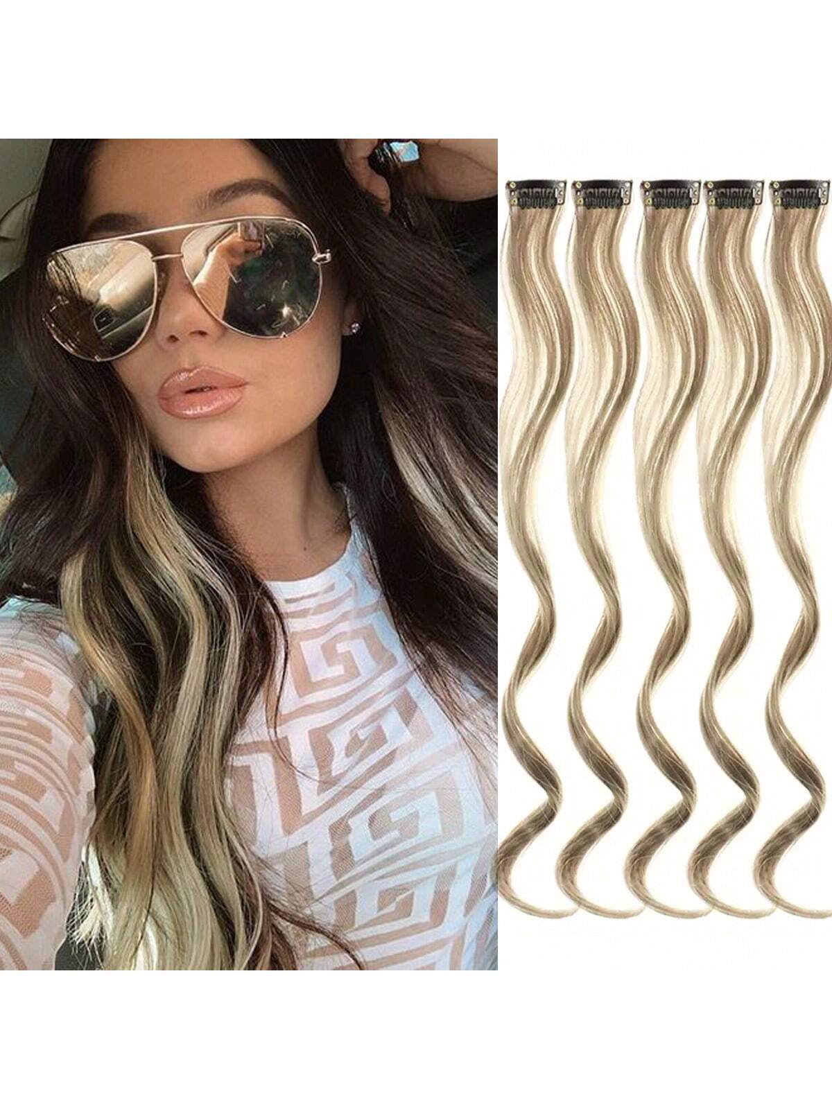 SHEIN 5 Pcs Colored Hair Extensions Party Highlights, Curly Wavy