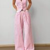 SHEIN EZwear Striped Sleeveless V-Neck Front Button Top And Patch Pocket Pants Two-Piece Set