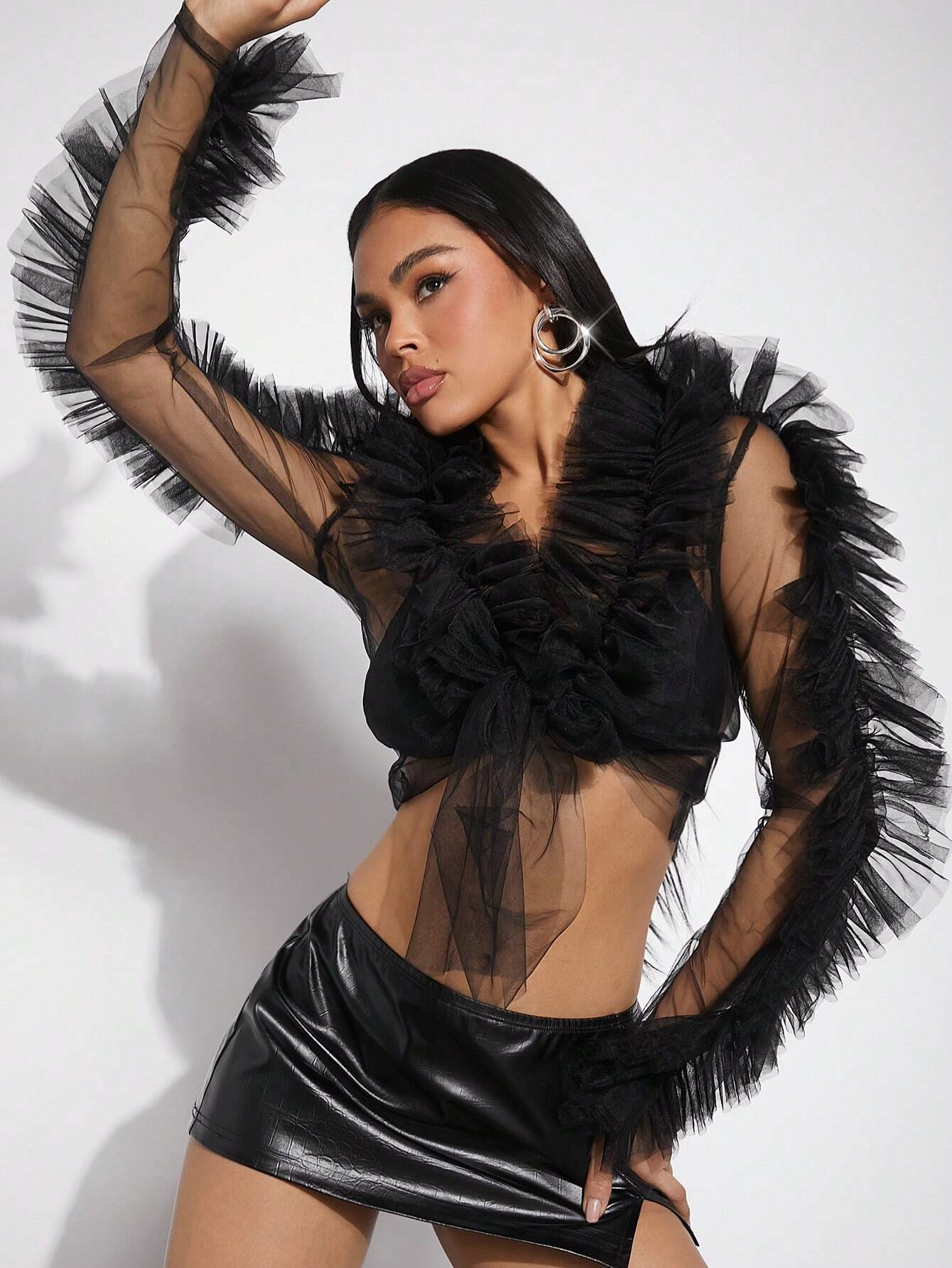 SHEIN Haute Ruffle Mesh Tie Front Crop Top