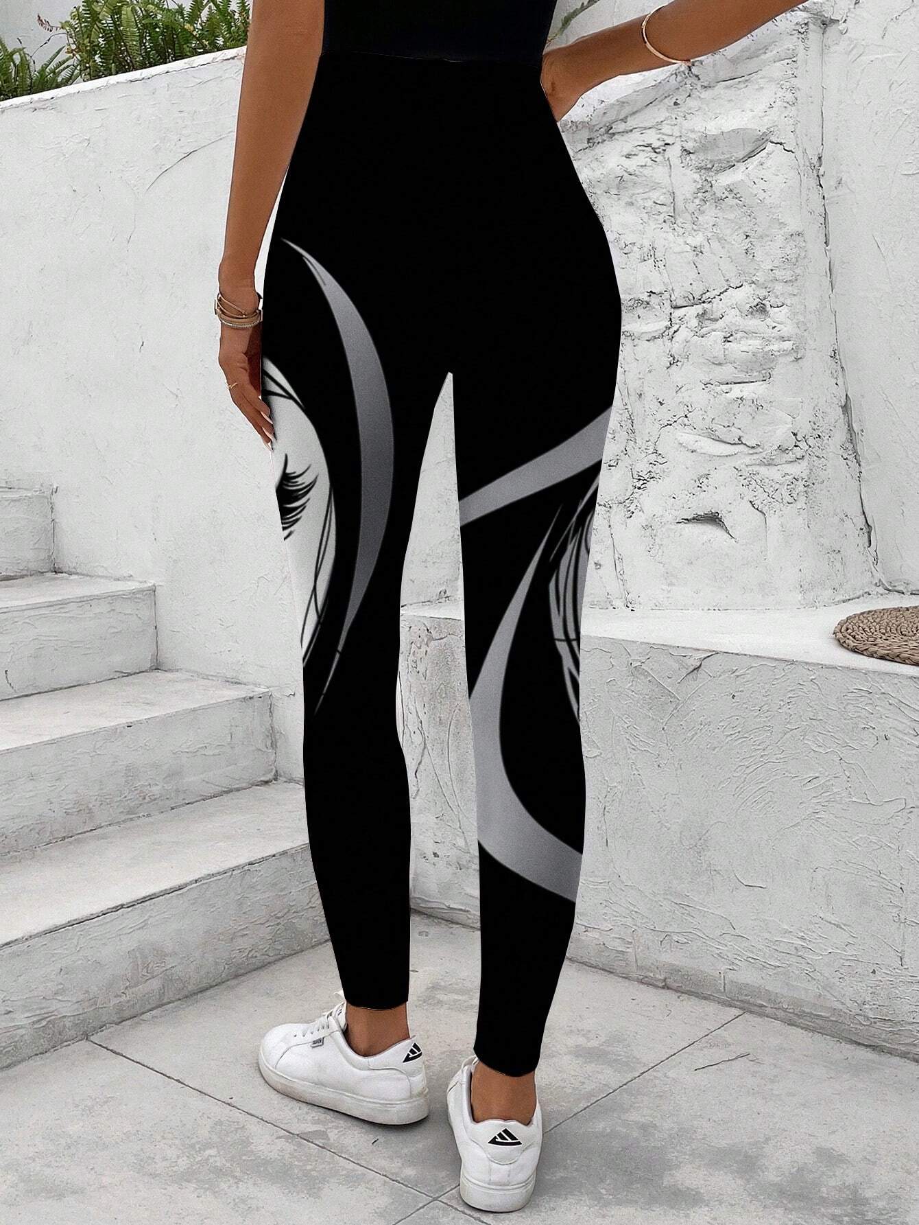 SHEIN LUNE Women Abstract Face Printed Leggings Casual Tight-Fitting Pants