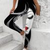 SHEIN LUNE Women Abstract Face Printed Leggings Casual Tight-Fitting Pants