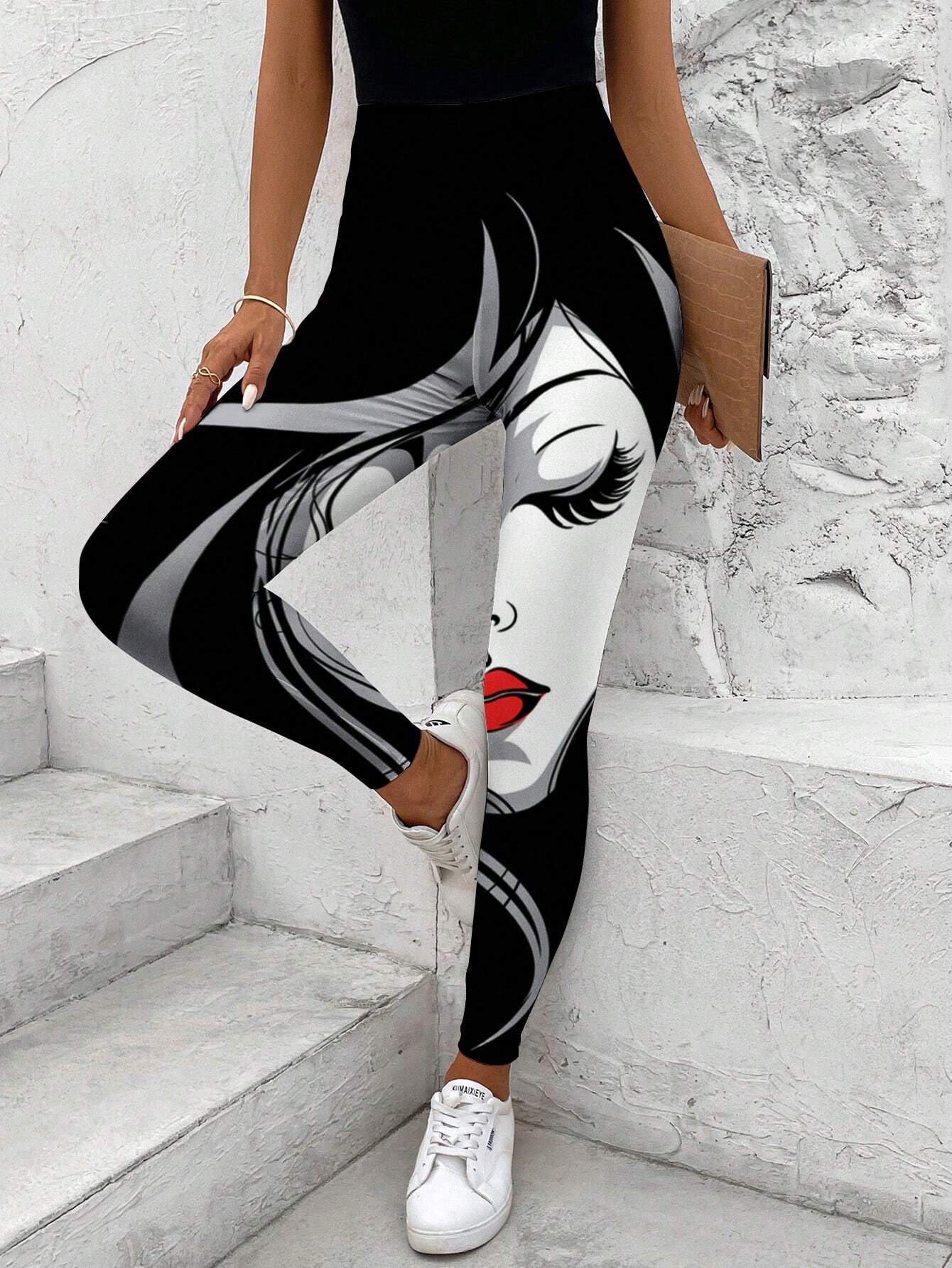 SHEIN LUNE Women Abstract Face Printed Leggings Casual Tight-Fitting Pants